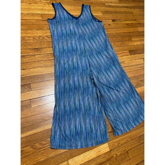 Lularoe Womens Natalie Jumpsuit Size XL Blue Striped Wide Leg Cropped Stretch - Picture 2 of 6